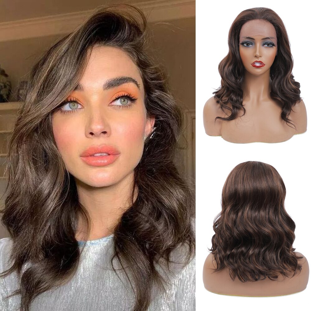 X-TRESS Dark Brown Lace Front Wig Medium Length Synthetic Wavy Wigs for Black Women Free Part Lace Wigs with Natural Hairline: F4-30