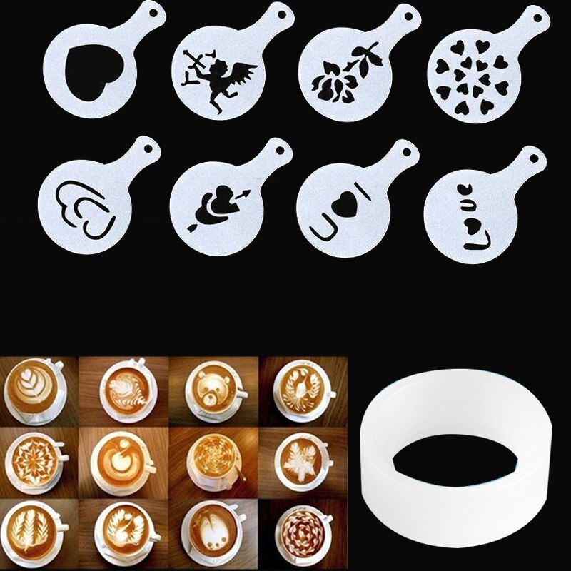Pochoir en plastique pour décoration 8 pièces | Modèle de Cupcake, pochoir réaliste de Latte de Cappuccino pour café italie Nespresso Illy