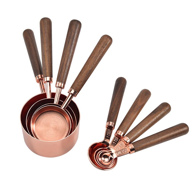 4 st roséguld rostfritt stål kopparplåt mätkoppar sked set valnöt trähandtag för kök matstång bakverktyg