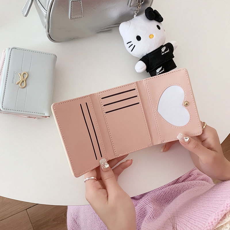 Wallets Girls Cute Bow Small Wallet Aesthetic Card Holder Classic Three Fold Purse For Women Student Simple Coin Pouch