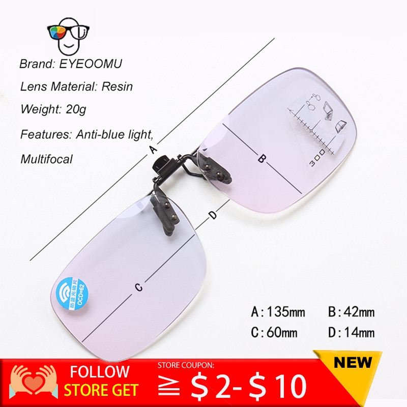 EYEOOMU Clip On Reading Glasses Flip Up Down Multifocal Anti Blue Light Eyeglasses Men Women Presbyopic Fishing Reader Magnifier