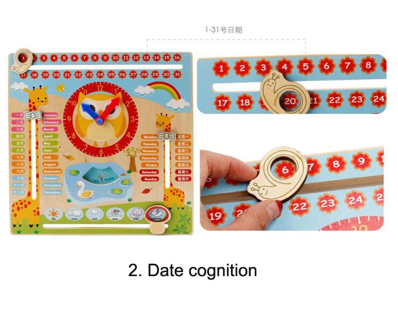 Giocattolo per bambini in Legno per Bambini presto apprendimento evolutivo Multifunzione in Legno Orologio Appeso tra cui Orologio Calendario Mese Meteo