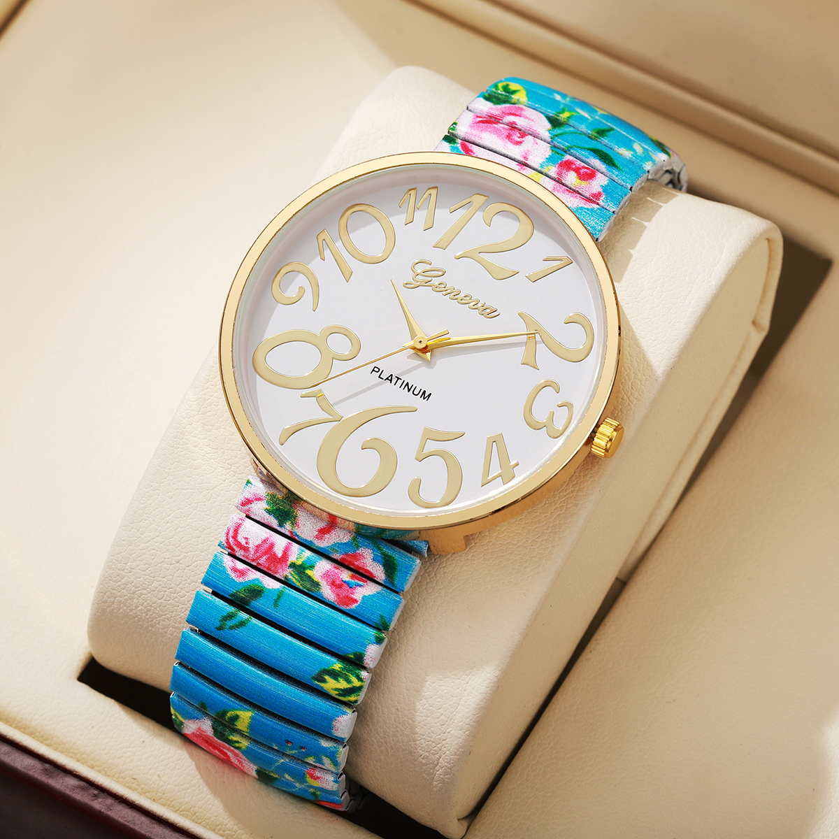 1/2/3/4 Uds. Reloj de Mujer con estampado de flores a la , correa elástica de lujo, relojes de cuarzo árabe, Reloj para Mujer y niñas (sin caja)