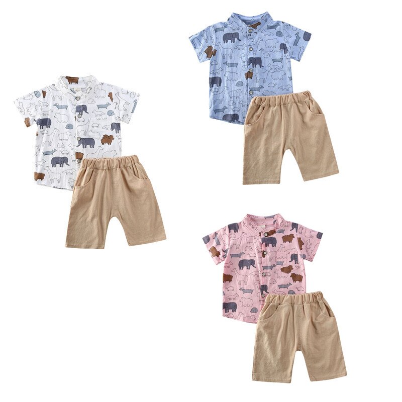Spædbarn baby dreng barn sommertøj elefant gentleman skjorte t-shirt + bukser 2 stk outfits sæt