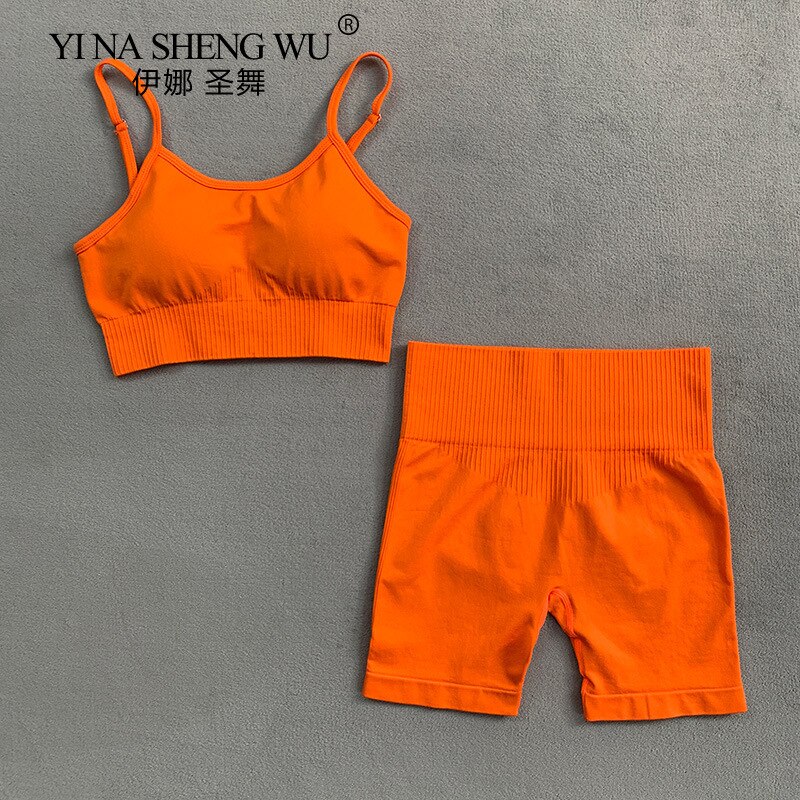 Vrouwen 2 Stuk Yoga Set Bh + Hoge Taille Shorts Sport Pak Gym Fitness Pak Vest + Shorts Strakke Legging sport Sets Sportkleding: Orange / L