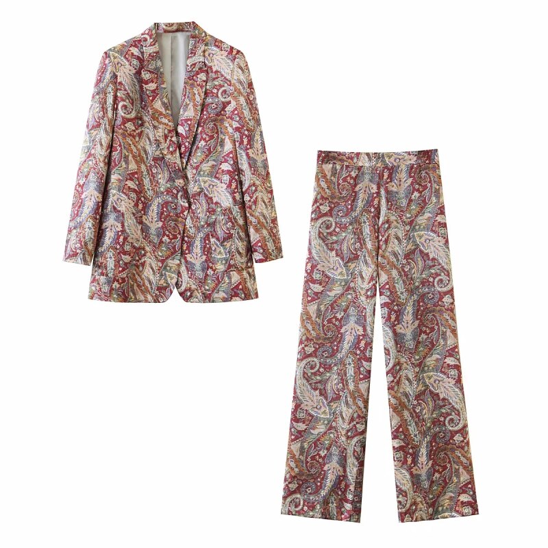 Zxqj vintage dam blommiga kostymer höst dam boho kostym casual kvinnlig chic blazer set flickor tvådelad set: Tvådelad uppsättning / S