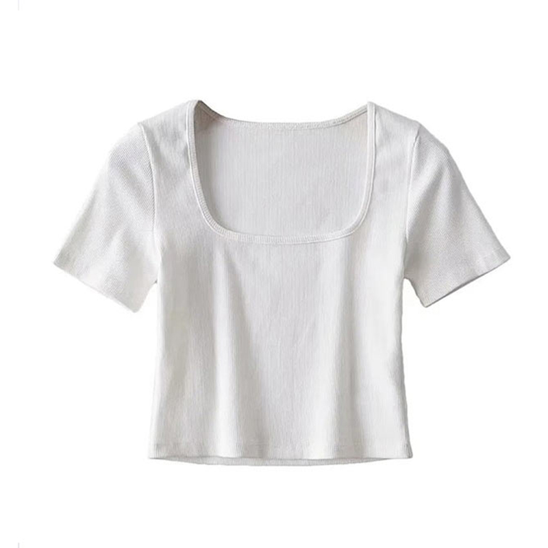 Haut court côtelé à col carré pour femme, t-shirt à manches courtes: L / WHITE