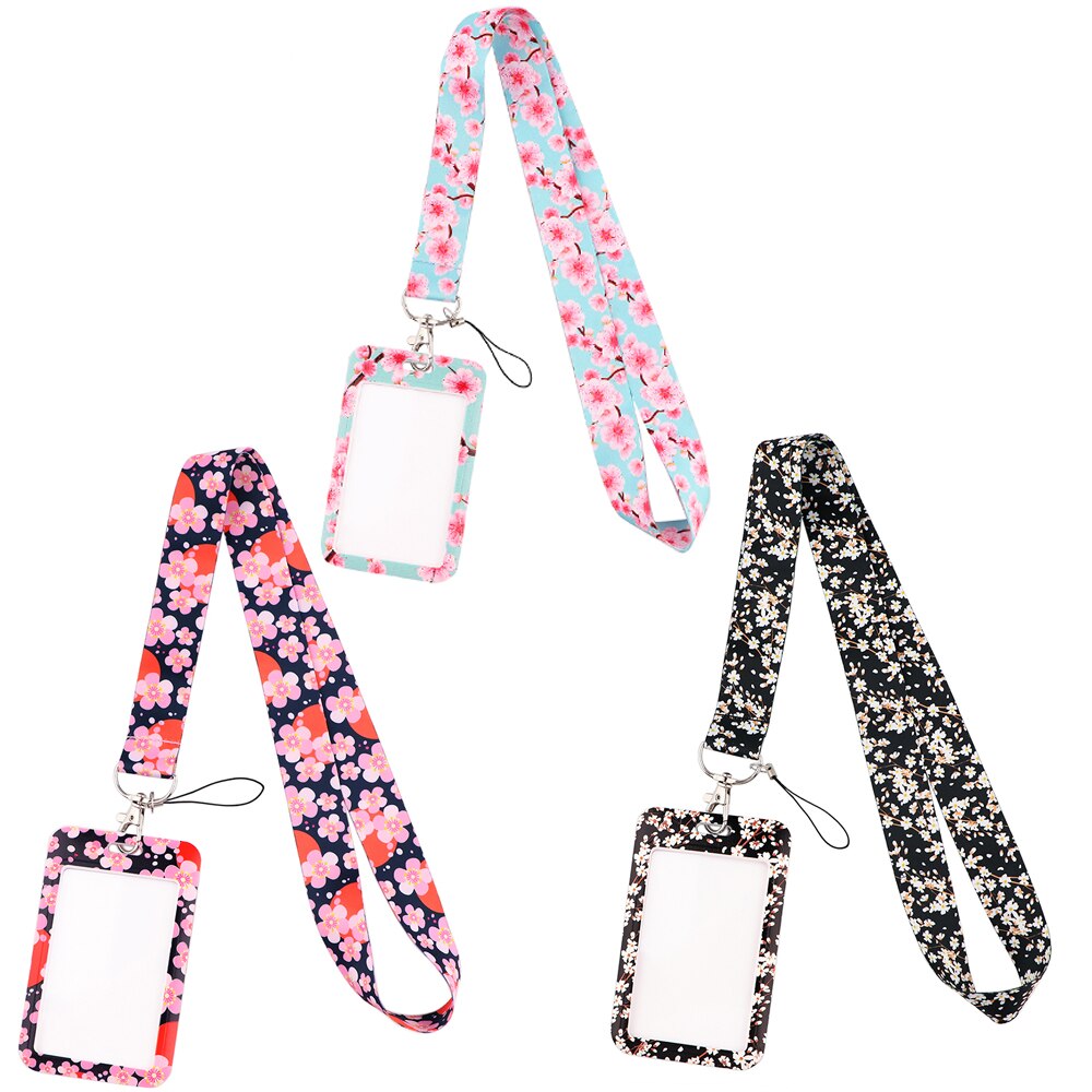 JF988 Beautiful Pink Cherry Blossom Keychain Straps Rope Cell Phone Neck Strap Lanyard for ID Card Key Chain DIY Lanyard