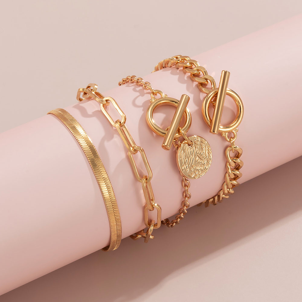 Pulsera ajustable geométrica multicapa bohemia para mujer, cadena de serpiente plana a la Punk, conjunto de pulseras de Metal huecas, de joyería para niña