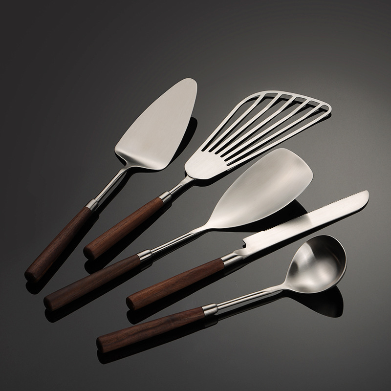 Pala de utensilios de cocina de acero inoxidable 304 de nogal, cuchara pequeña, pala voladora, cuchillo para pastel, espátula, herramientas de cocina, antiescaldado
