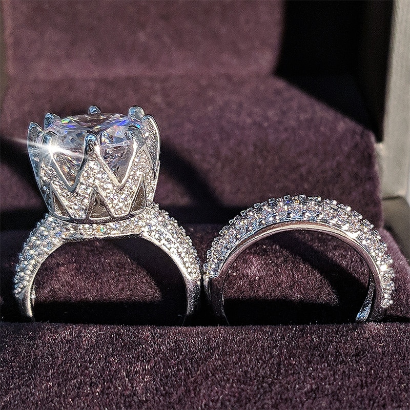 Luksus 11mm store zirkoner originale 925 sterlingsølv vielsesringe indstillet til kvinder brud forlovelses smykker bånd evighed   r4843