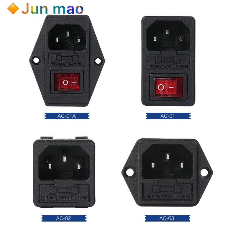 1PCS 10A 250VAC 4 Pin IEC320 C14 inlet connector plug AC power socket with red lamp rocker switch 10A fuse holder