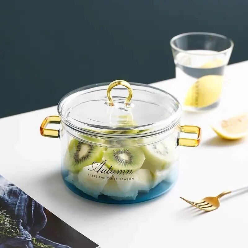 Cacerola de vidrio de Color degradado con cubierta, resistente al calor cazuela, olla de vidrio segura para Pasta, fideos, sopa, leche