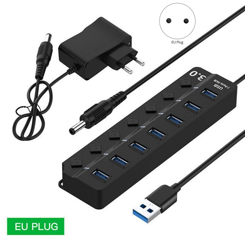 7 porte USB 3.0 Hub 5Gbps Ad Alta Velocità on Off Interruttore Tablet Trasferimento Dei Dati con il Tasto Adattatore di Alimentazione per PC Del Computer Portatile