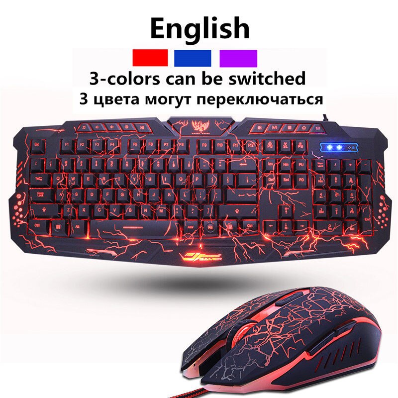 M200 Russische Gaming Toetsenbord Paars/Blauw/Rood Led Ademhaling Backlight Usb Wired Full Sleutel Muis Toetsenbord Combo Professionele gamer: EN version