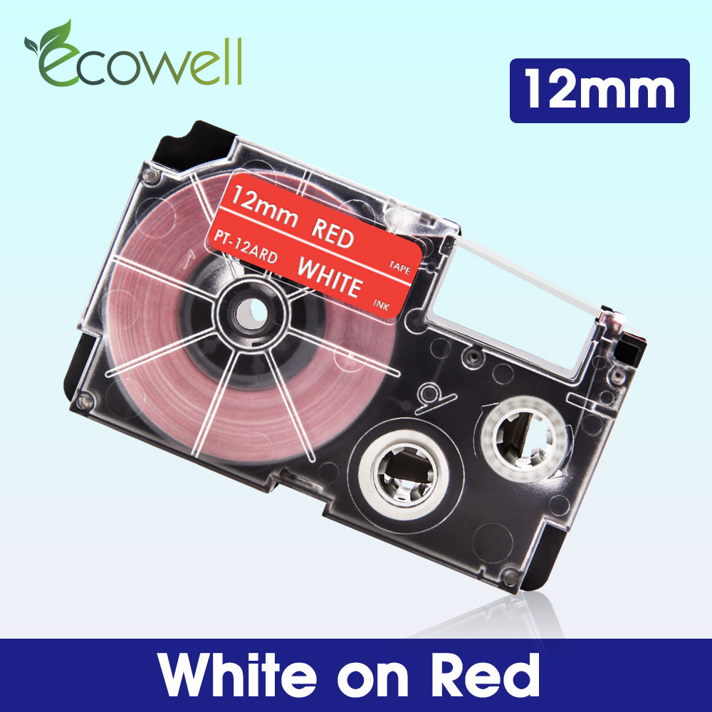 Ecowell 18Colors XR-12WE For Casio 12mm XR 12WE XR-12X XR-12RD XR-12BU XR-12YW XR-12GN label tape for Casio KL-60 KL-120 printer: White on Red