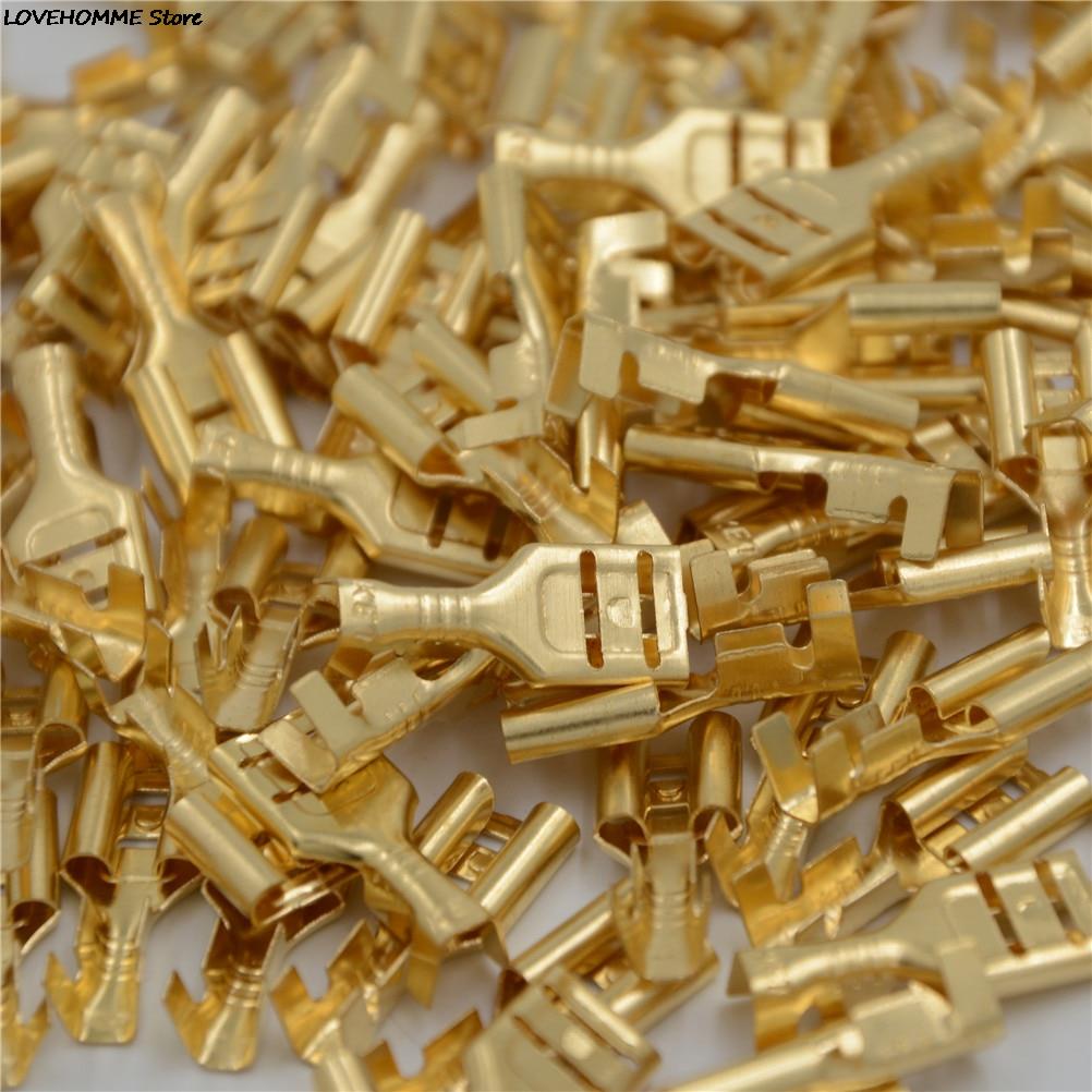 100Pcs/lot 4.8mm/6.3mm Female Crimp Terminal Connector Gold Brass Car Speaker Electric Wire Connectors Set