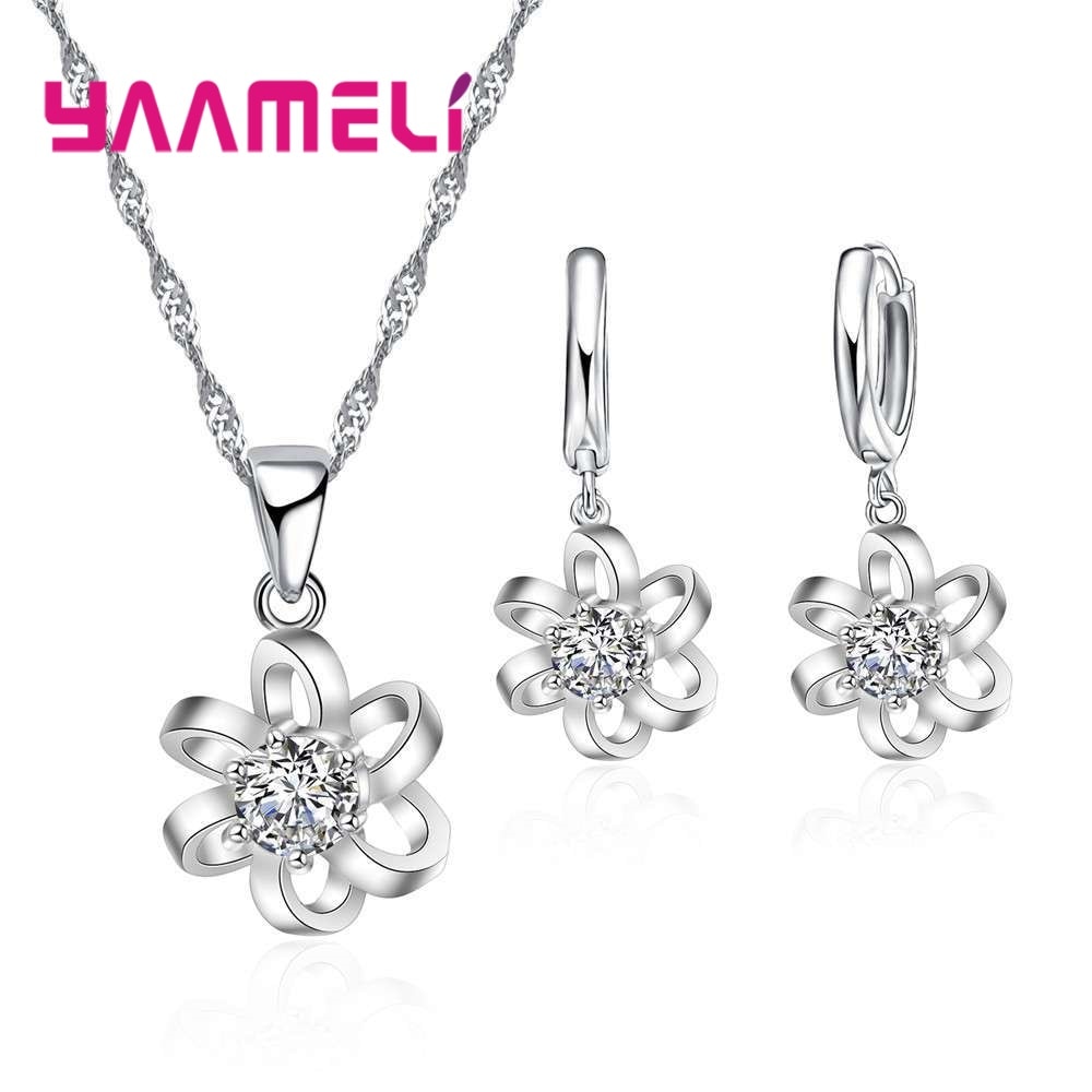 Mode Vrouwen 925 Sterling Zilveren Sieraden Hangers Zirconia Kettingen Oorbellen Bruiloft Engagement Set Accessoires