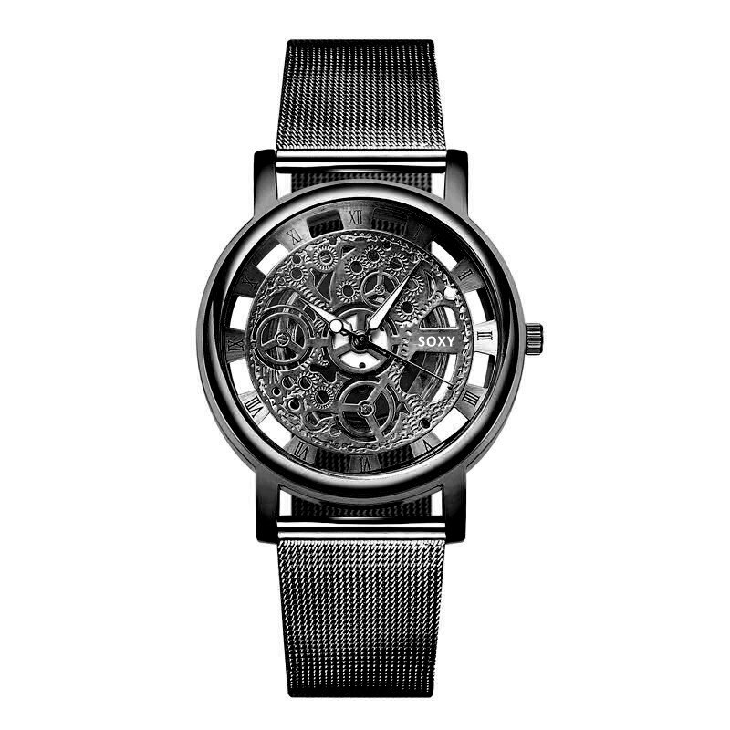 Soxy deluxe holle klok herenhorloge quartz roestvrijstalen band klok reloj hombre herenhorloges relogio masculino: Zwart