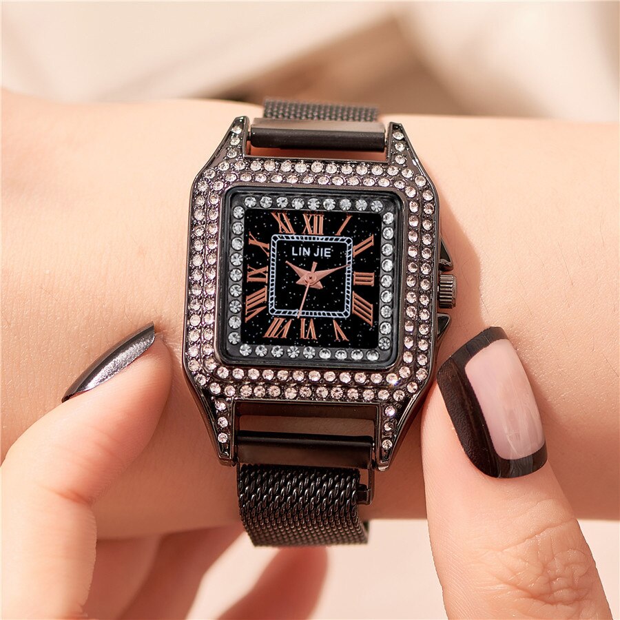Vrouw Horloge Vierkante Luxe Diamond Quartz Horloge Vrouwen Horloges Casual Magnetische Polshorloge Vrouwen Elegante Dames Vrouwelijke Klok