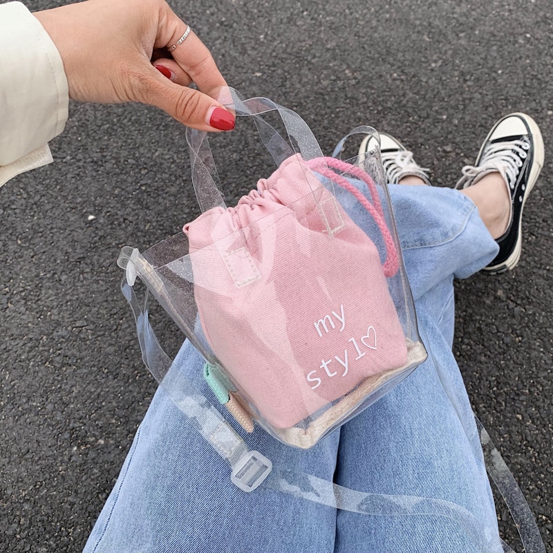 Unik gjennomsiktig bøtteveske og 2 i 1 skulderveske crossbody bag bredde 12cm høyde 14cm tykkelse 8cm
