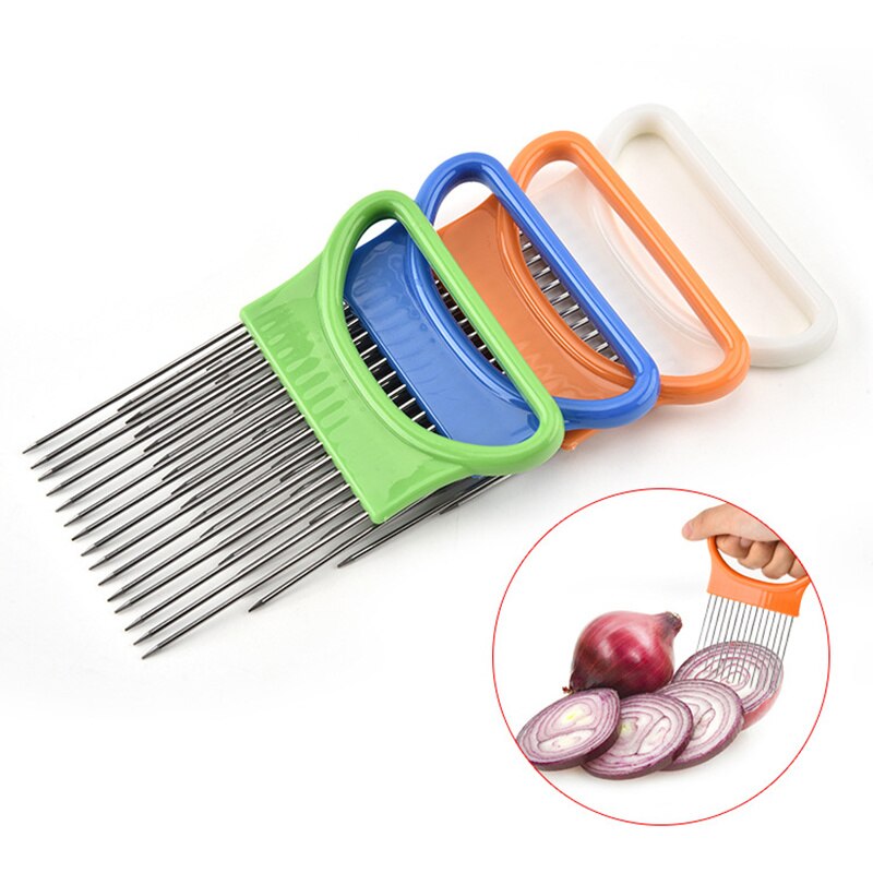 Stainless Steel Easy To Cut Holder Fork + Vegetable Plastic Cutter Tomato Slicer Onion Metal Meat Cutter Needle Kitchen Gadget