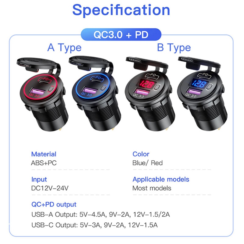 12V-24V ładowarka samochodowa USB QC3.0 5V 3A USB automatyczny gniazdo szybkie ładowanie PD Port zapalniczki wodoodporna 12V ładowarka accesori