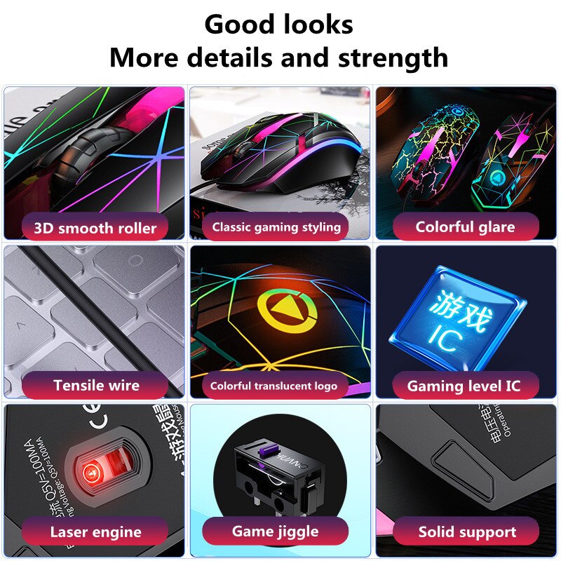 Colorful Glare Wired Office Gaming Mouse USB Interface 1200DPI Adjustment 3 Buttons 1.28m Optical Mouse For Desktops Laptop
