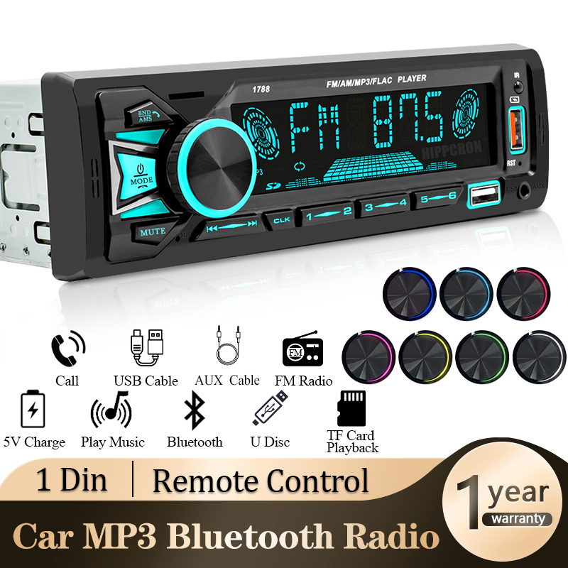 Hippcron Radio de coche 1din Srereo reproductor de MP3 Bluetooth receptor FM con Control remoto AUX/USB/TF soporte carga de teléfono