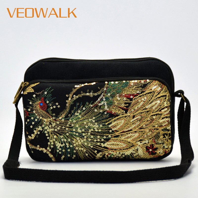 Veowalk Pauw Pailletten Geborduurde Vrouwen Katoenen Schoudertas Multifunctionele Zomer Kleine Canvas Handtas Voor Telefoon Toetsen