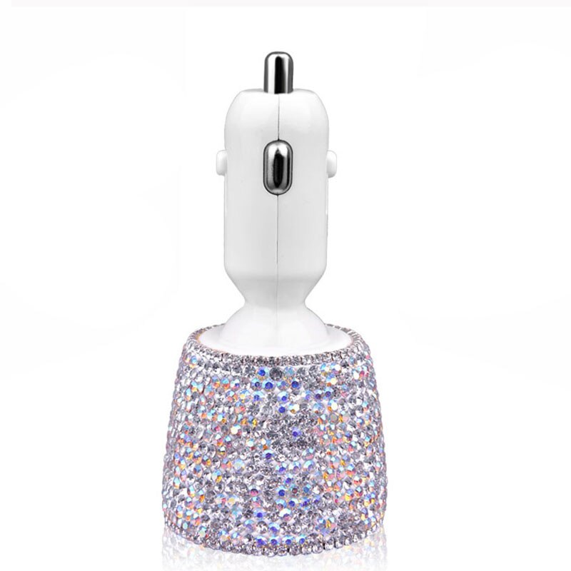 Crystal Rhinestones Dual Usb Snel Opladen Auto Oplader Voor Mobiele Telefoon Ipad Draaien Snel Opladen Adapter Zilver