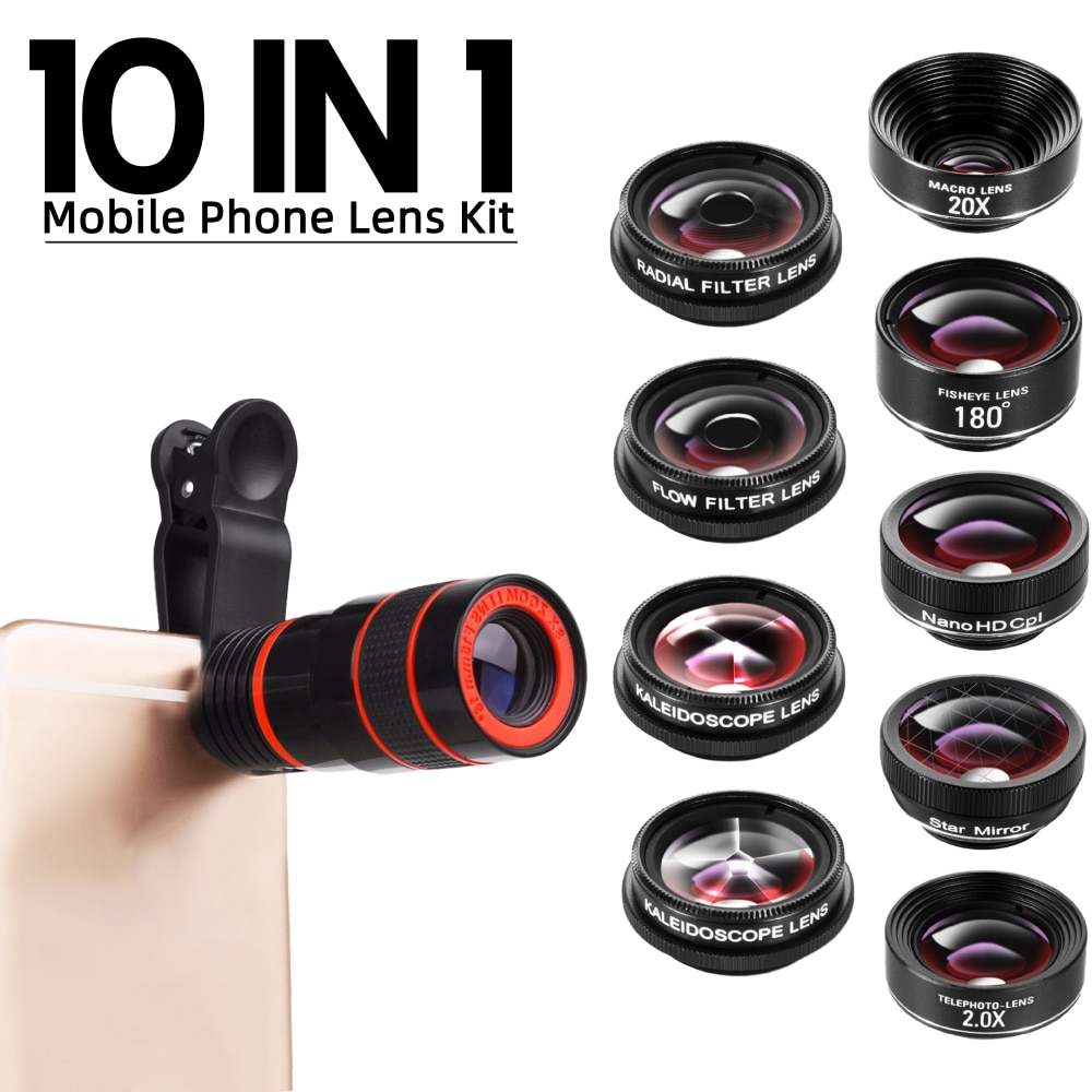10 in 1 mobiltelefon kamera linsesæt til iphone x  xs 11 6 7 8 vidvinkel makro smartphone fiskeøje zoom teleskop universal