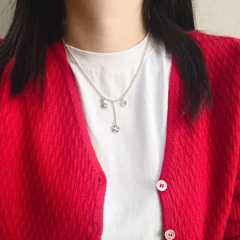 ANENJERY Retro Cute Bear Star Pendant Thai Silver Color Necklace With Long Chain Tassel Zircon Necklace for Women S-N648