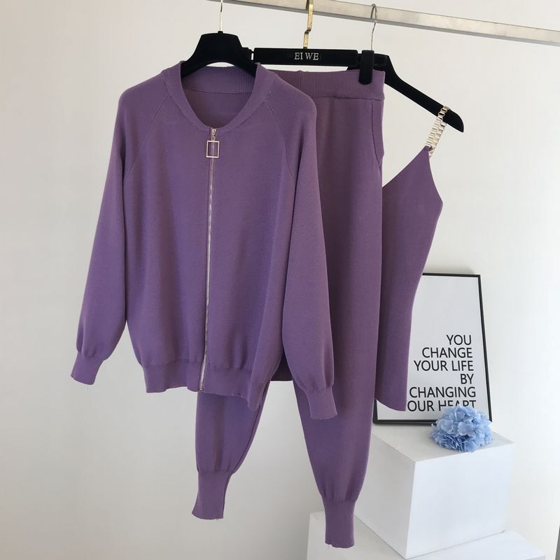 Efterårsstrikket sweater jakkesæt afslappet produkt temperament kædevest strikket jakke + elastiske bukser tredelte sæt  tz423: Lilla