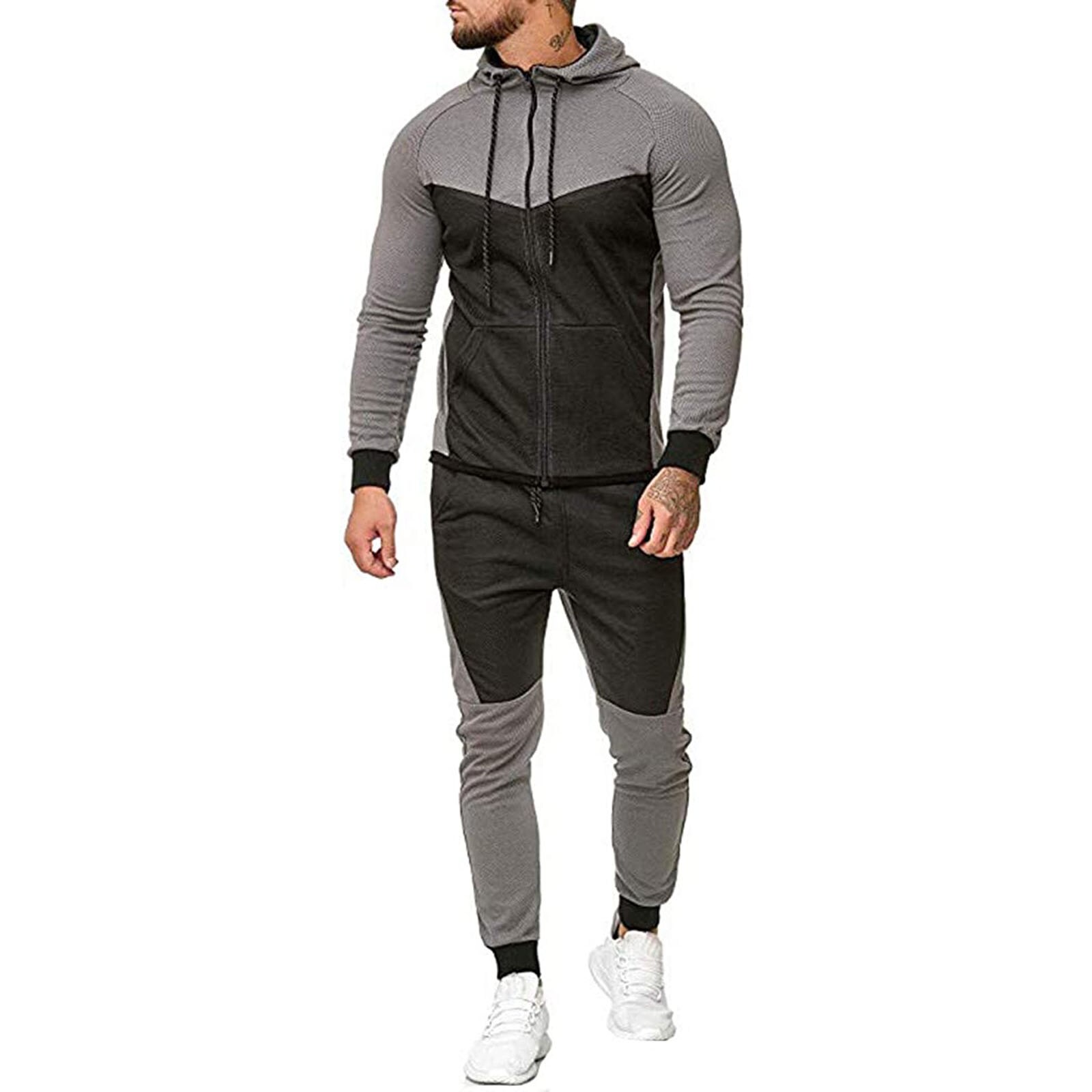 Männer Mit Kapuze Tops Hosen Anzug, Patch Farbe Lange Hülse Hemd Sport Lauf Jogger Hosen