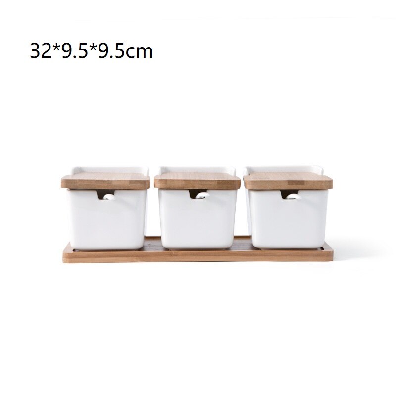 Japansk stil husholdning keramisk krydderflaske sett krydderboks kjøkken salt shaker med bambus lokk skje firkantet lagringsprodukt: 3
