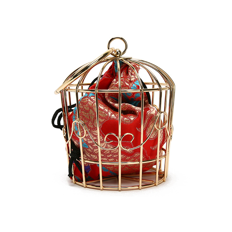 Women's Birdcage Evening Bag Clutch Metal Frame Embroidery Bucket Bird Cage Mini Totes Ladies Purses Female Gold Tassel Handbags: Red