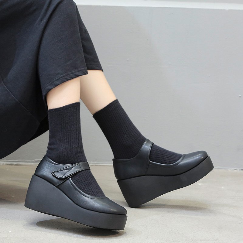 Efterår forår kvinder kiler mary janes sko sorte høje hæle platform pumps chunky dame sko zapatos mujer lolita 8703n
