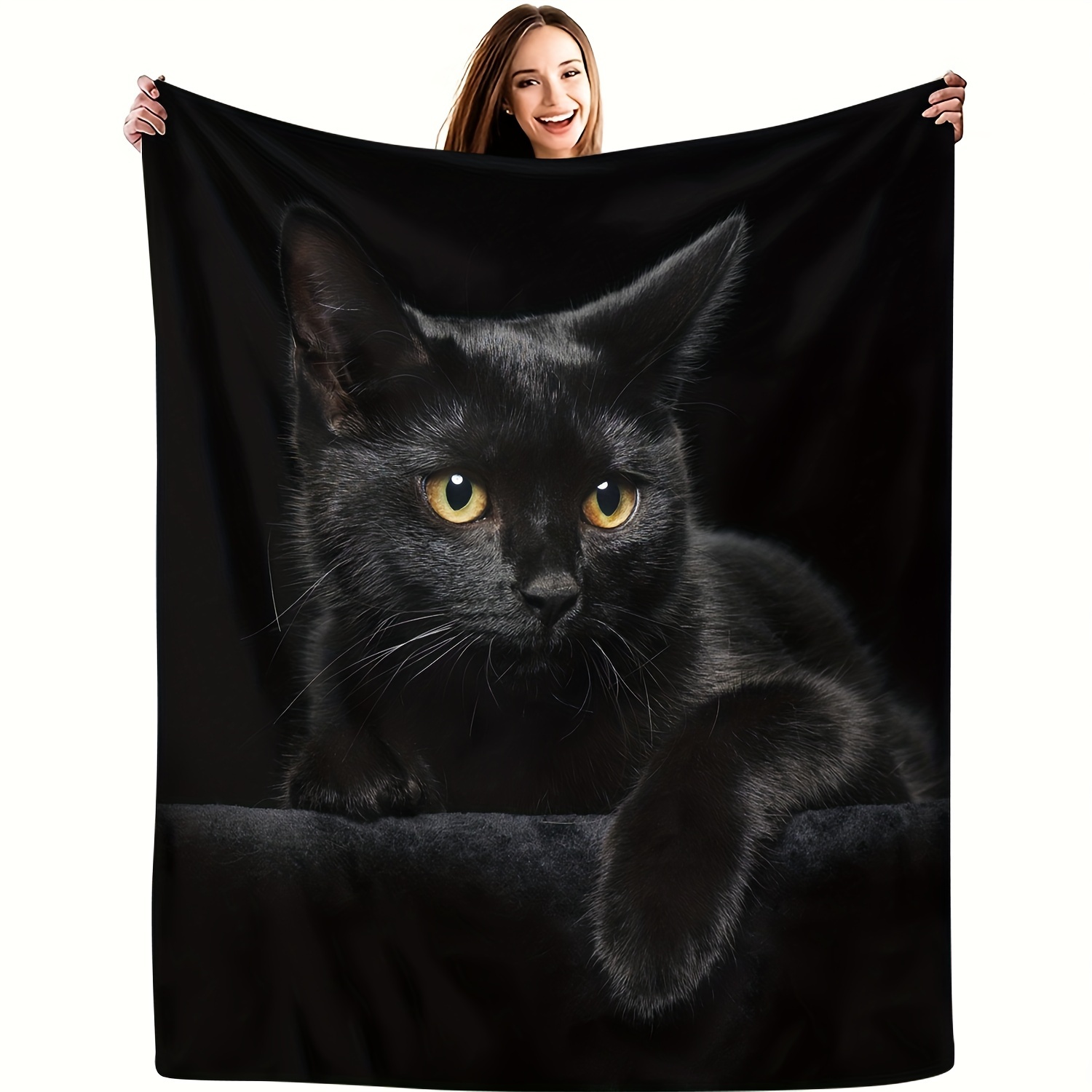 Couverture en flanelle chat noir 1 pièce, douce, respectueuse de la peau, chaude, lavable à la Machine, adaptée au canapé, au lit, au bureau, aux voyages, aux chaises de Camping