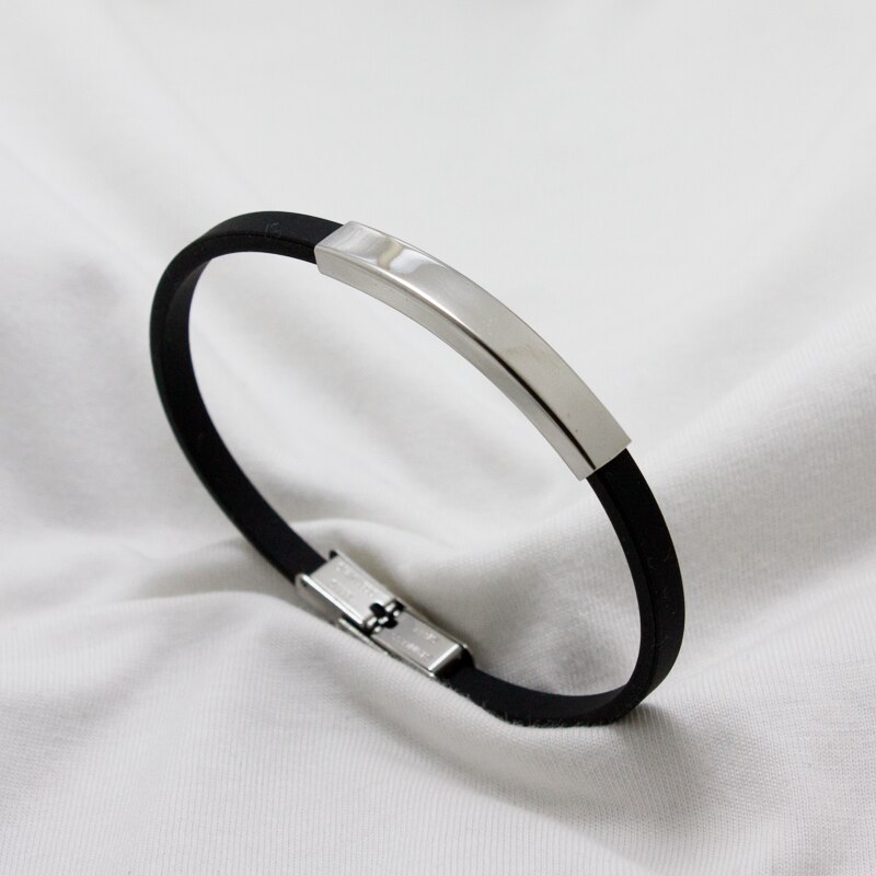 Casual Vintage Handmade Black Rubber Bracelet Silver Color Stainless Steel Bar Silicone Men&#39;s Hand Strap