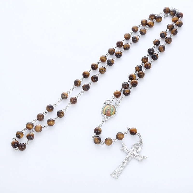 Jesus Cross Christian Rozenkrans Ketting Katholieke Madonna Rozenkrans 6mmTiger Ogen kralen Ketting Ornamenten Accessoires