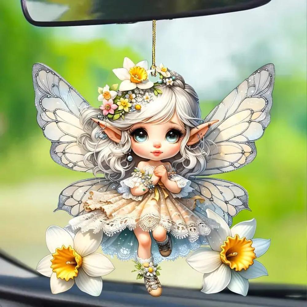 2d akrylgrønne alv-anheng blomsterfe-anheng små friske bilanheng tegneserie søt alv bil bakspeildekorasjonsanheng