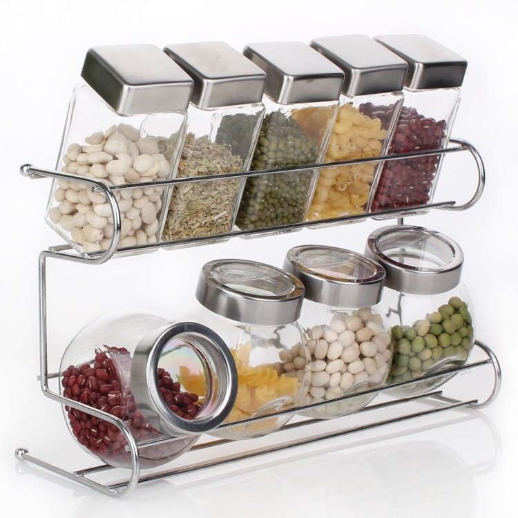 Kitchen products glass seasoning bottle set seasoning tank sealing tank seasoning box seasoning bottle shelf 10 sets: A section