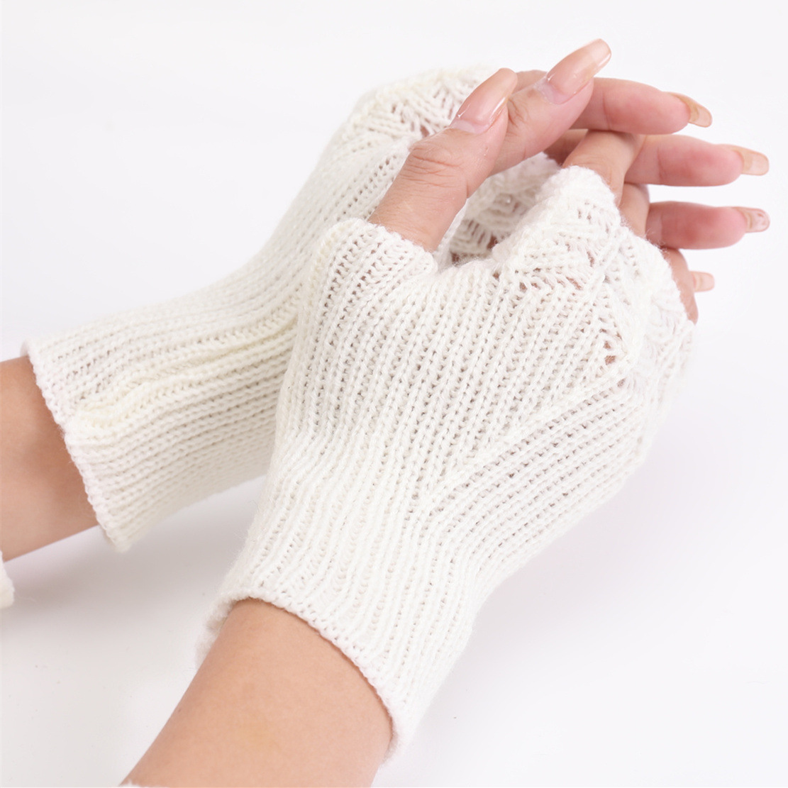 Korean Wool Gloves Autumn Winter Female Student Versatile Knitted Warm Half Finger Open Finger Gloves: white