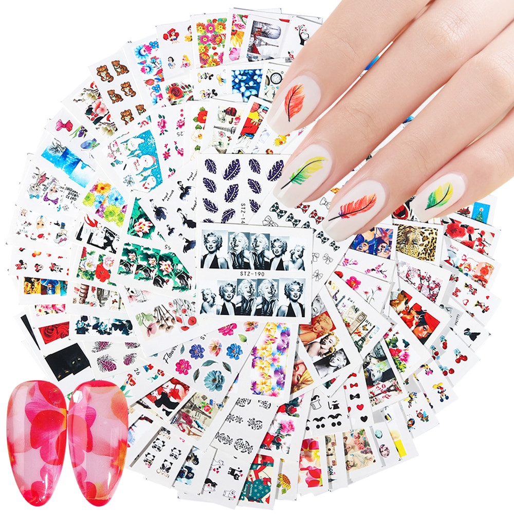 100 stk/pakke negle klistermærker sæt blomster fjer tegneserie blandede designs vandoverførsel klistermærker nail art indretning skydere lastz 134-233