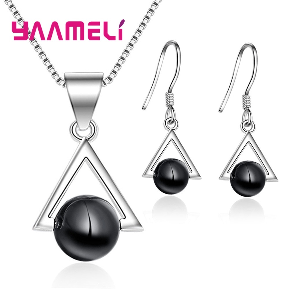 Charming Black Glass Triangle Pendant Necklace Earrings Jewelry Sets for Women Mother Solid 925 Sterling Silver