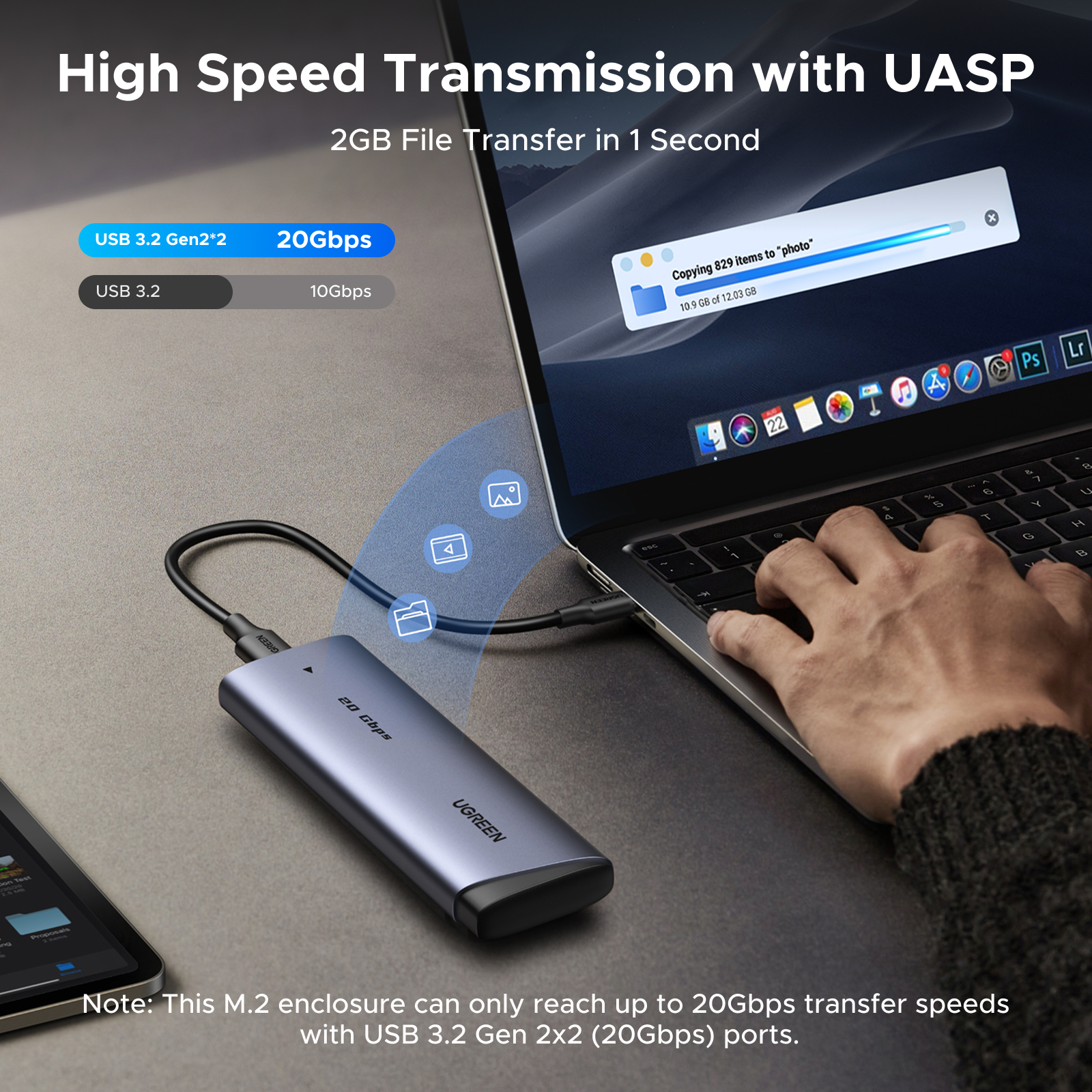 UGREEN 20Gbp M2 SSD Case NVME SATA Dual Protocol M.2 to USB Type C SSD Adapter for NVME PCIE NGFF SATA SSD Disk Box