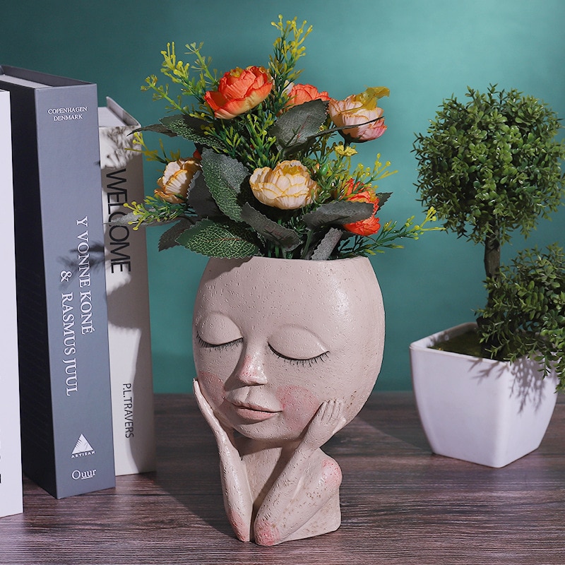 Piger ansigt hoved blomsterplanter sukkulent plante blomsterbeholder potte urtepotte figur havedekoration nordisk bordplade ornament