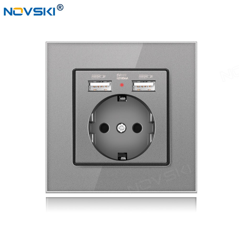 NOVSKI Pop Socket, USB-разъем 220, Electrical German Outlet, 2.1A Dual USB Charging Port with Soft LED Indicator: Crystal Glass Grey