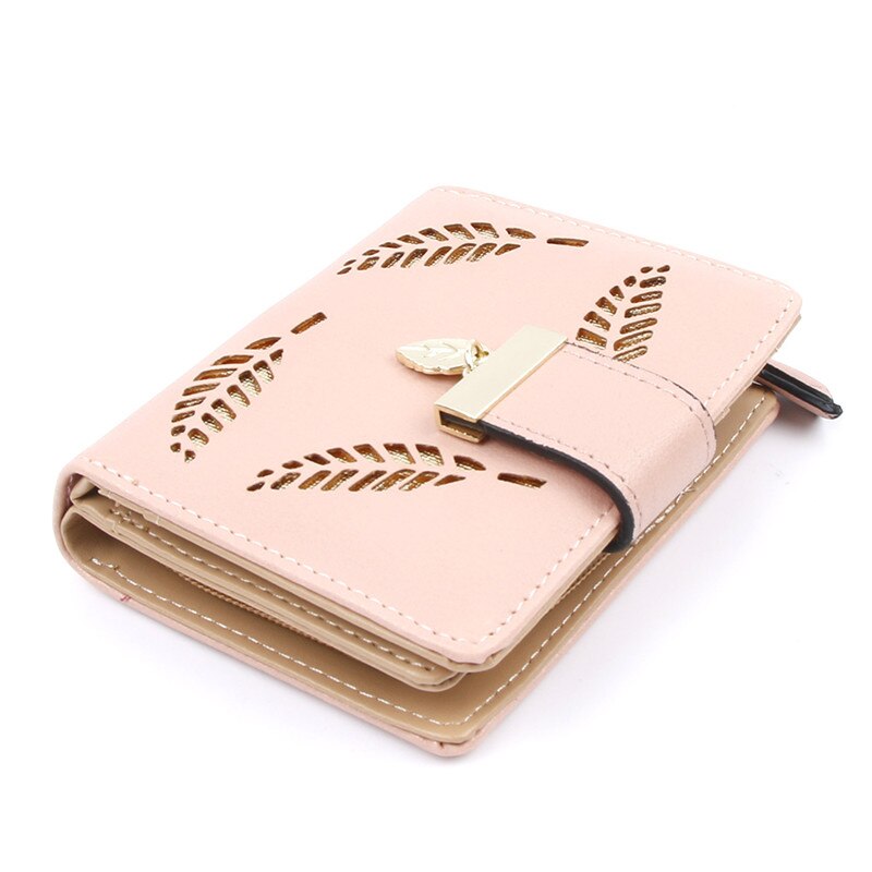 cuir PU femmes portefeuille fermeture éclair moraillon creux dame court sac à main feuille rétro portefeuille Photo porte-carte sac: pink